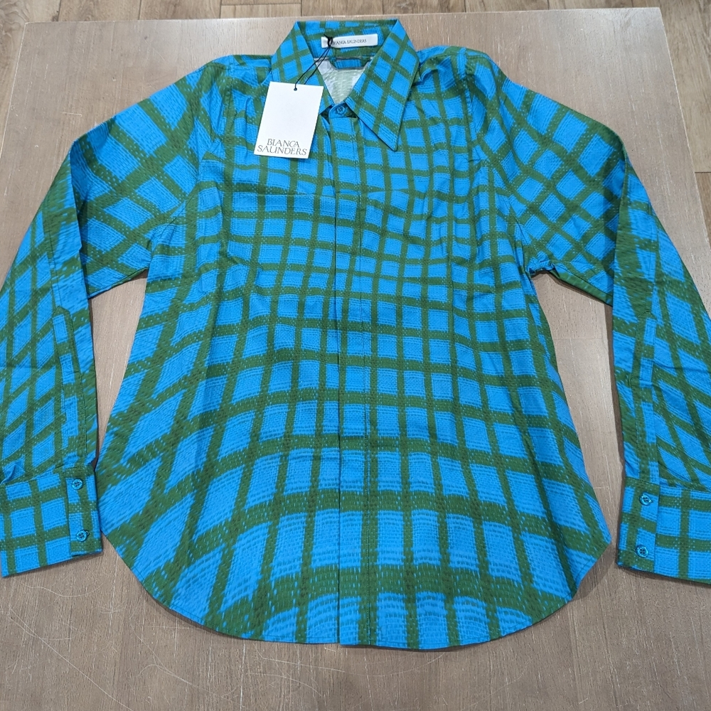 Mens Bianca Saunders Grid Print Cotton LS Button Up Shirt Blue/Green Large